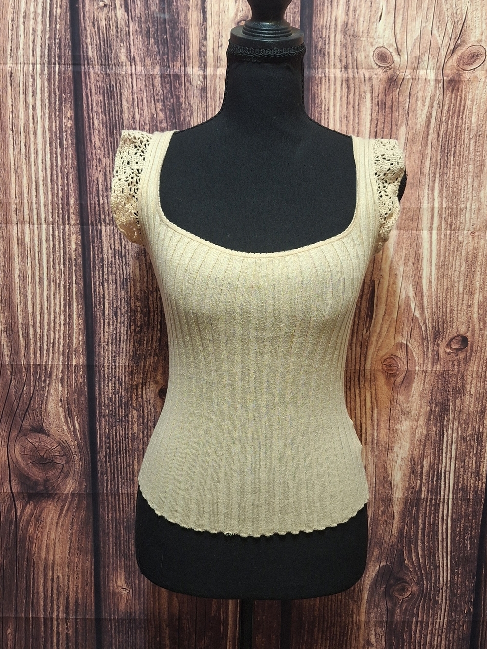 Vintage Guess Cream Ribbed Lace-Trim Tie Back Tank Top Size Large